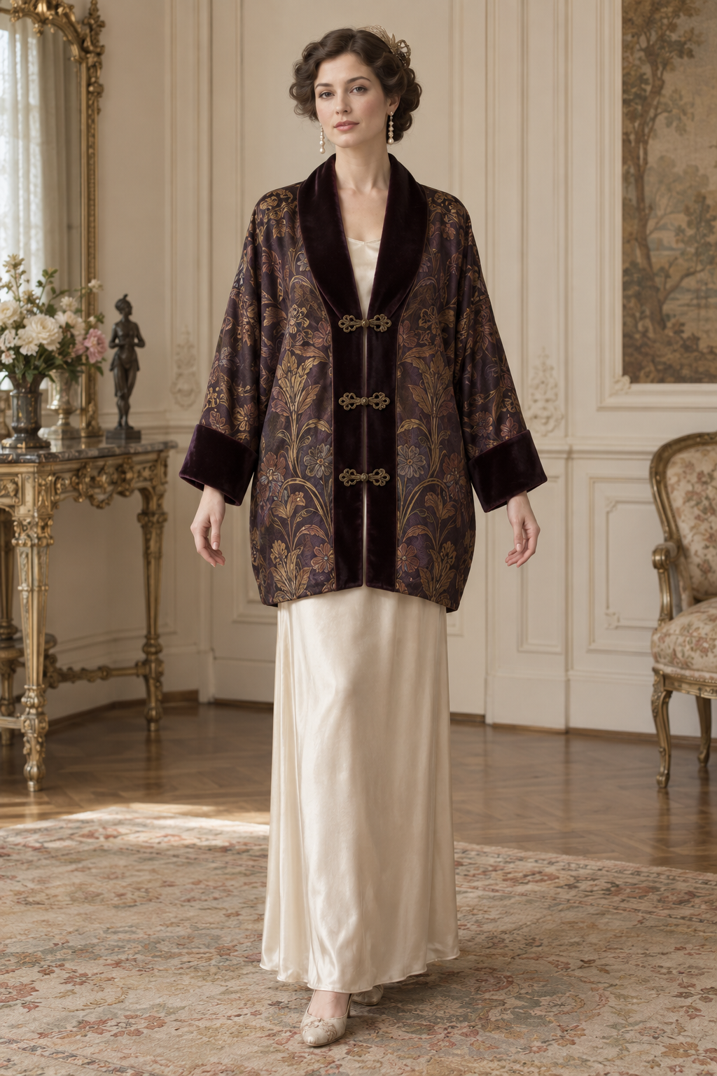 Front view of Sewlore SL004, a plum and gold 1910s-inspired evening coat with a velvet shawl collar and three cord fastenings.