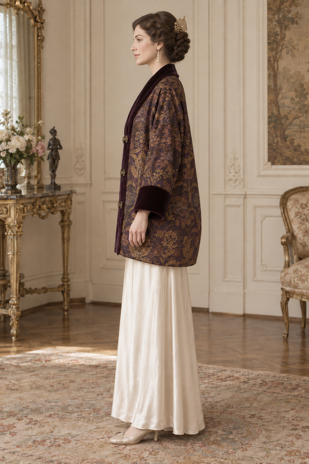 Side view of Sewlore SL004, showing the roomy 1910s-inspired evening coat silhouette and wide sleeve opening.