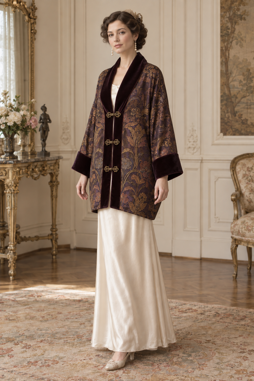 Three-quarter view of the SL004 evening coat design, showing the shawl collar, loose integral sleeves and contrast cuffs.