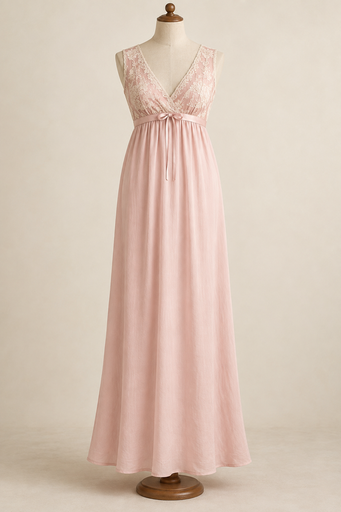 AI design concept: blush Empire nightdress with opaque lace V bodice on a dress form, front.