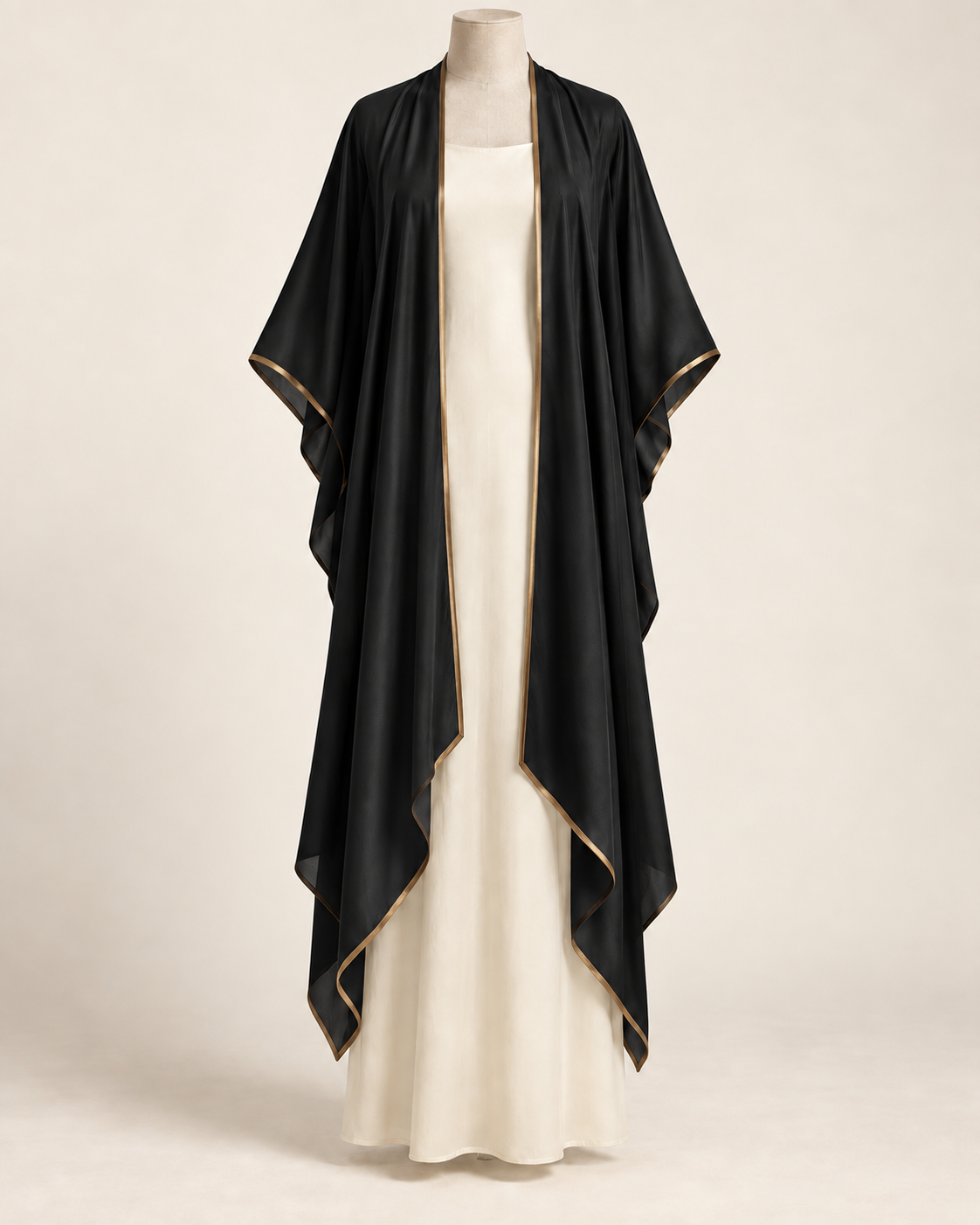 AI concept illustration of 1919 draped evening wrap, front view in alternative black, on a mannequin.