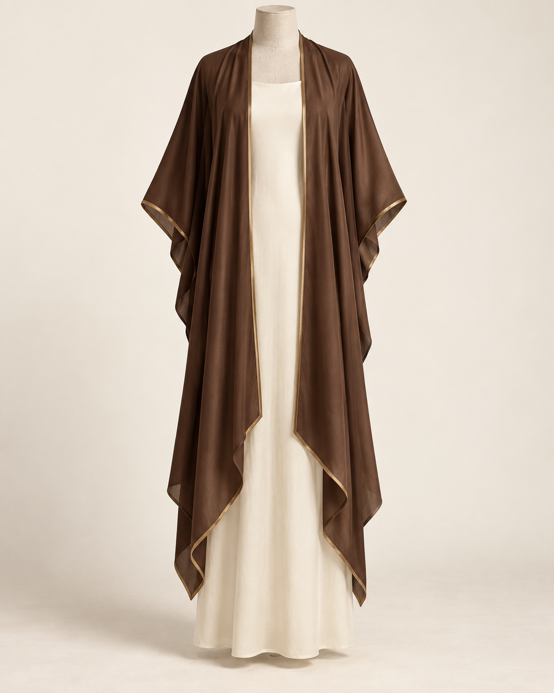 AI concept illustration of 1919 draped evening wrap, front view in brown, on a mannequin.