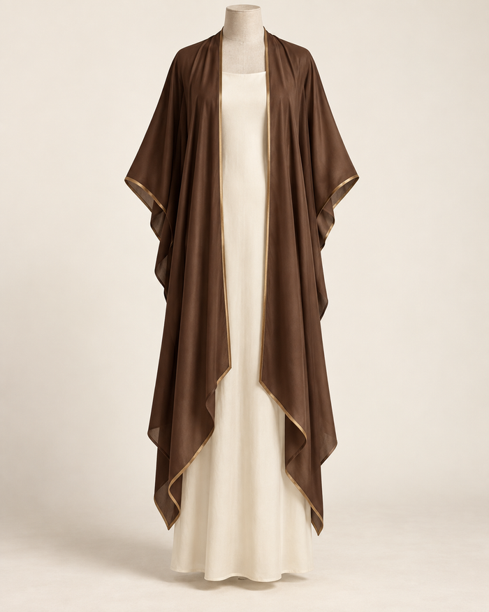 AI concept illustration of 1919 draped evening wrap, front view in brown, on a mannequin.