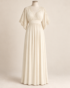 AI concept illustration of 1919 kimono-sleeve negligee, front view in alternative ivory, on a mannequin.
