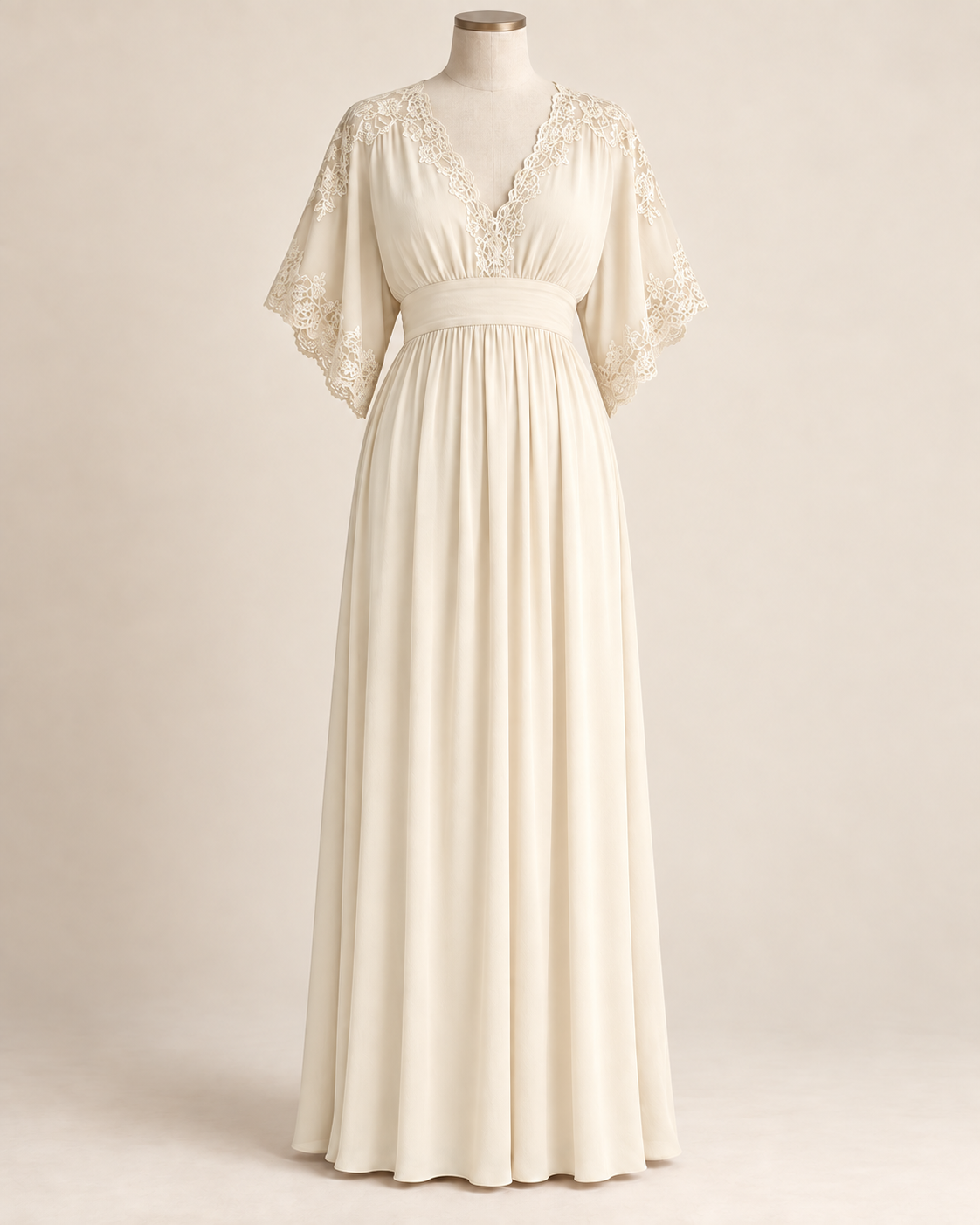 AI concept illustration of 1919 kimono-sleeve negligee, front view in alternative ivory, on a mannequin.