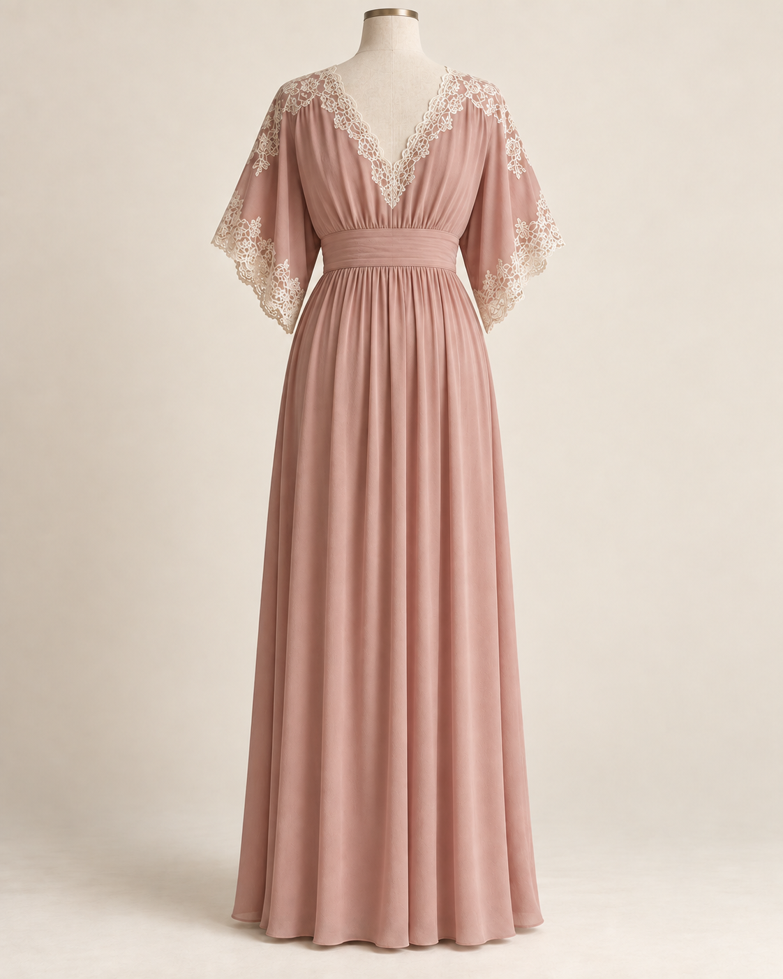 AI concept illustration of 1919 kimono-sleeve negligee, back view in dusty rose, on a mannequin.