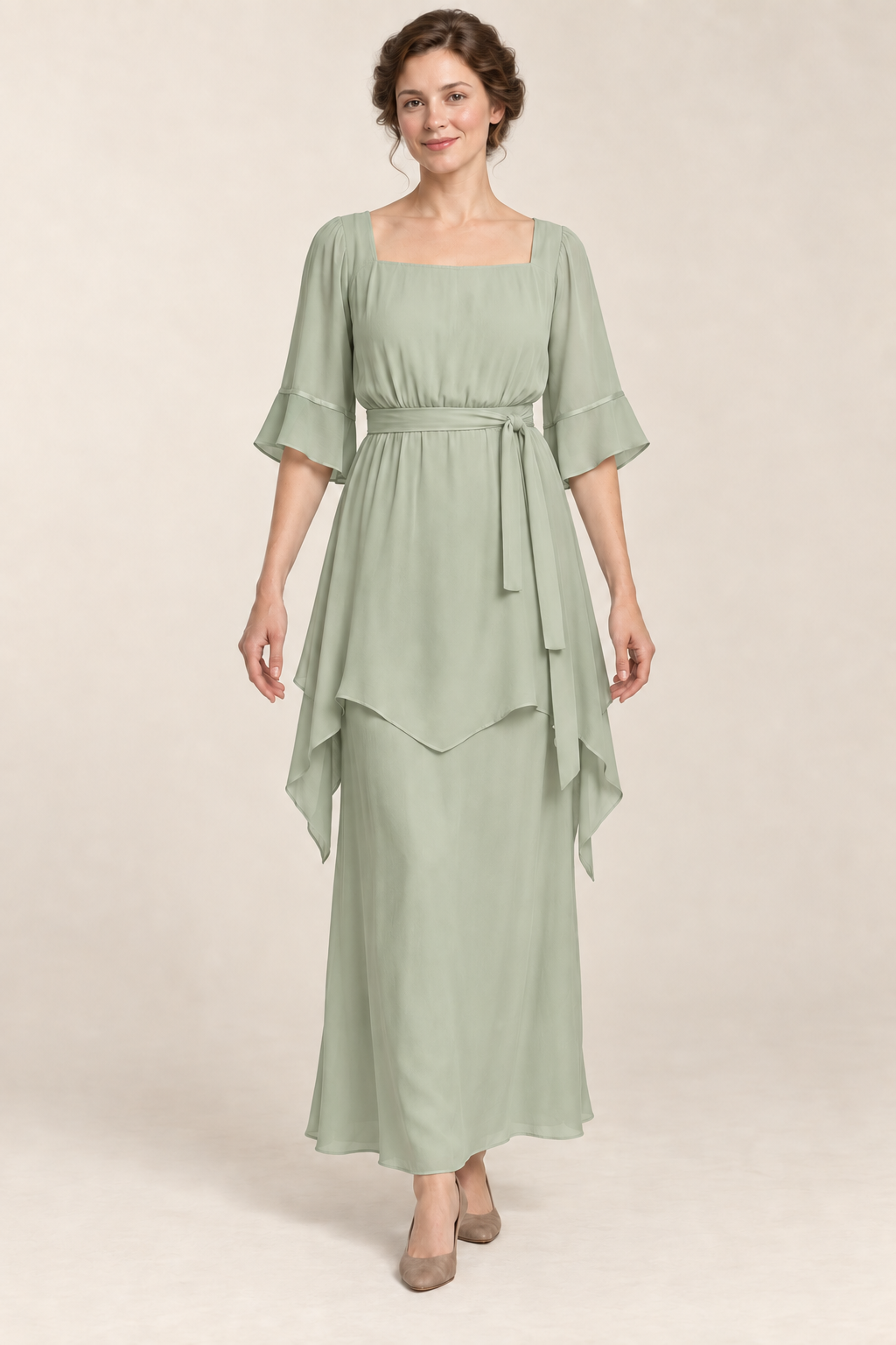 AI design concept: celadon color interpretation of the same square-neck party dress, front.
