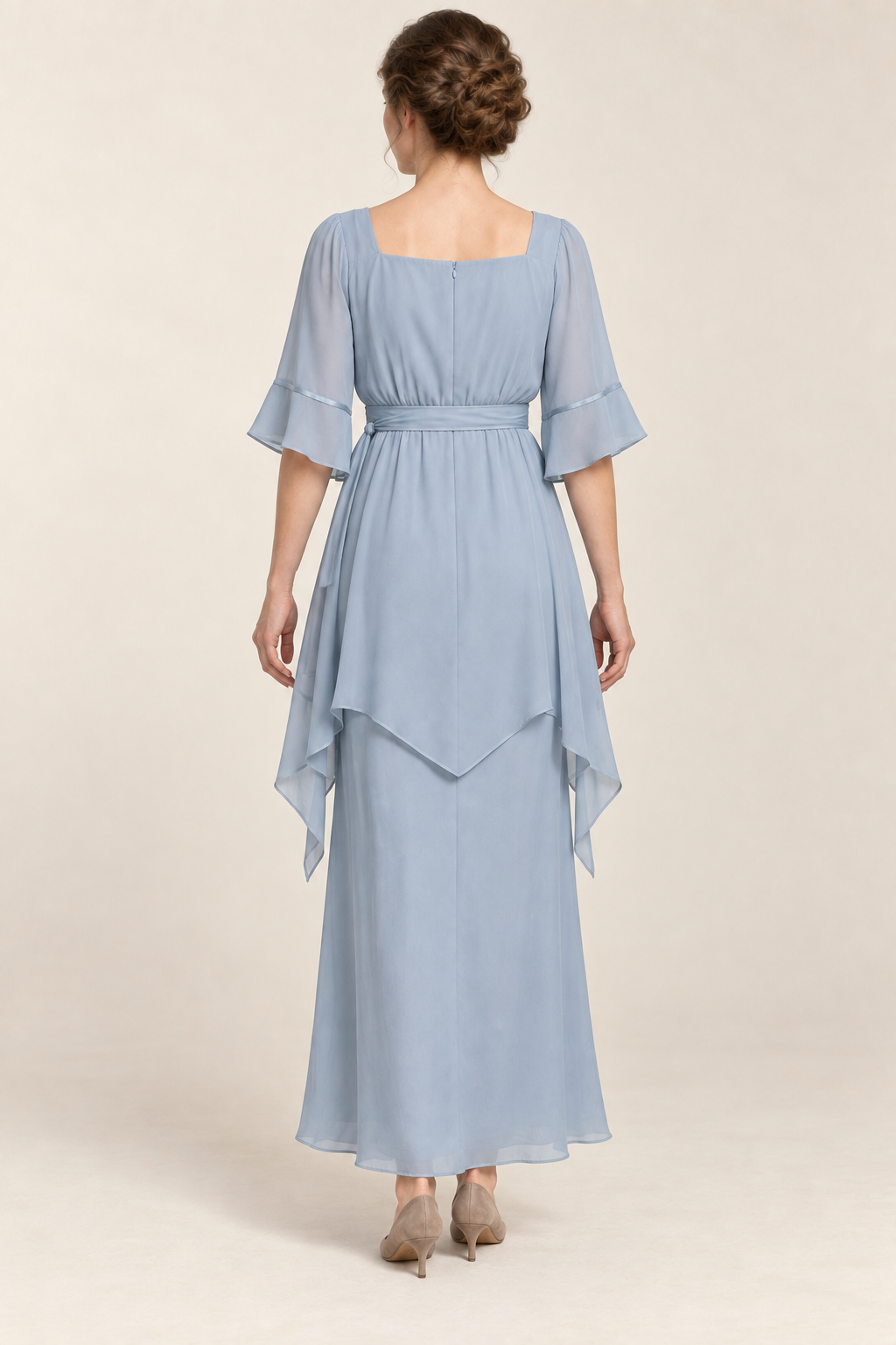 AI design concept: mist-blue party dress showing original square back and overlay, back.
