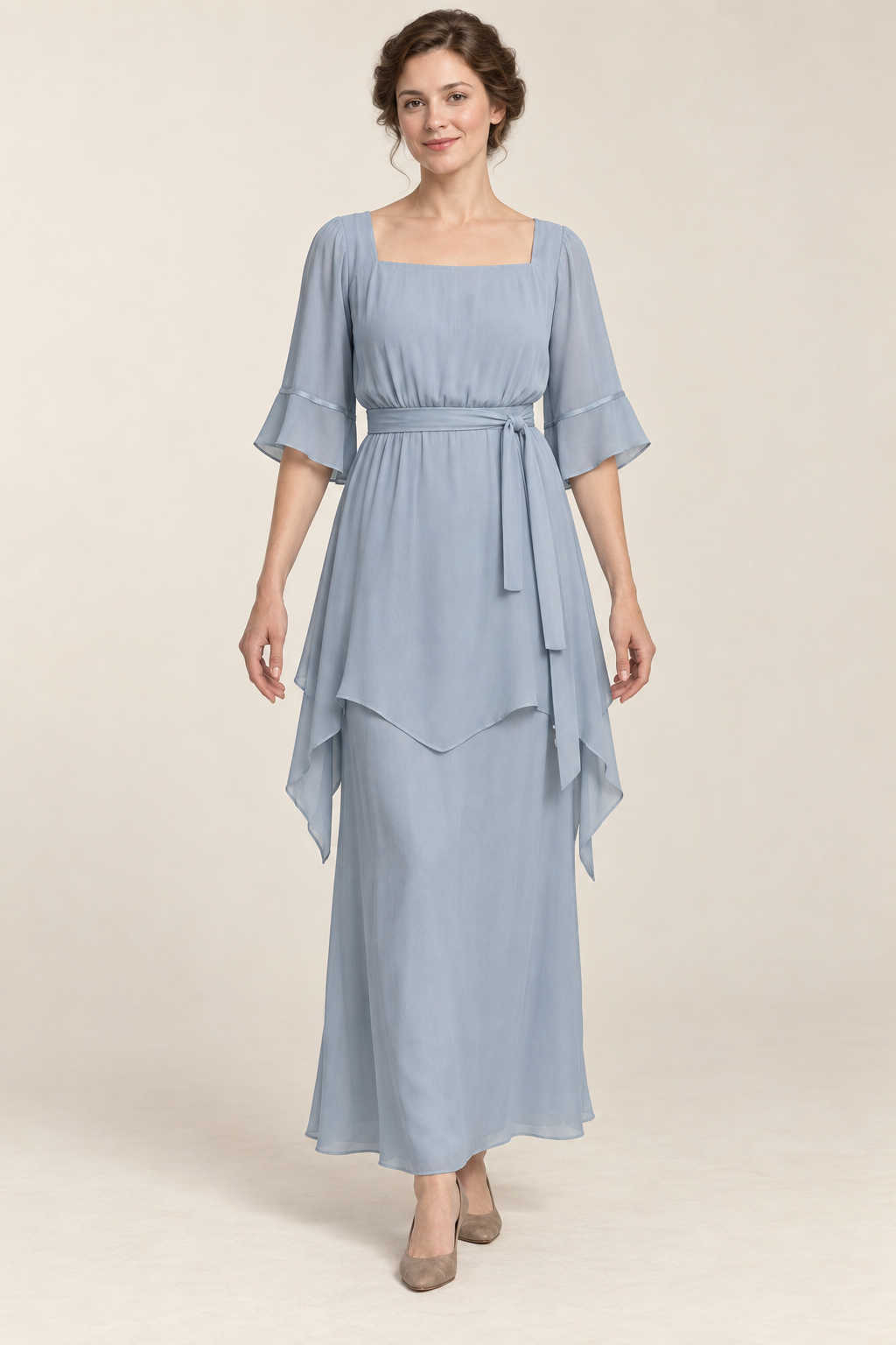 AI design concept: mist-blue square-neck party dress with pointed overlay, front.