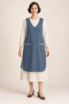 AI design illustration of the same button-back tabard apron in slate blue with ivory binding, front view