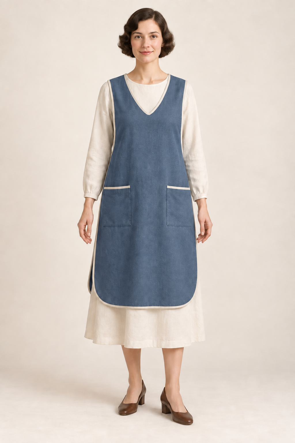 AI design illustration of the same button-back tabard apron in slate blue with ivory binding, front view