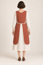 AI design illustration of the terracotta tabard apron showing its broad shallow-V back panel and two lower-corner button fastenings