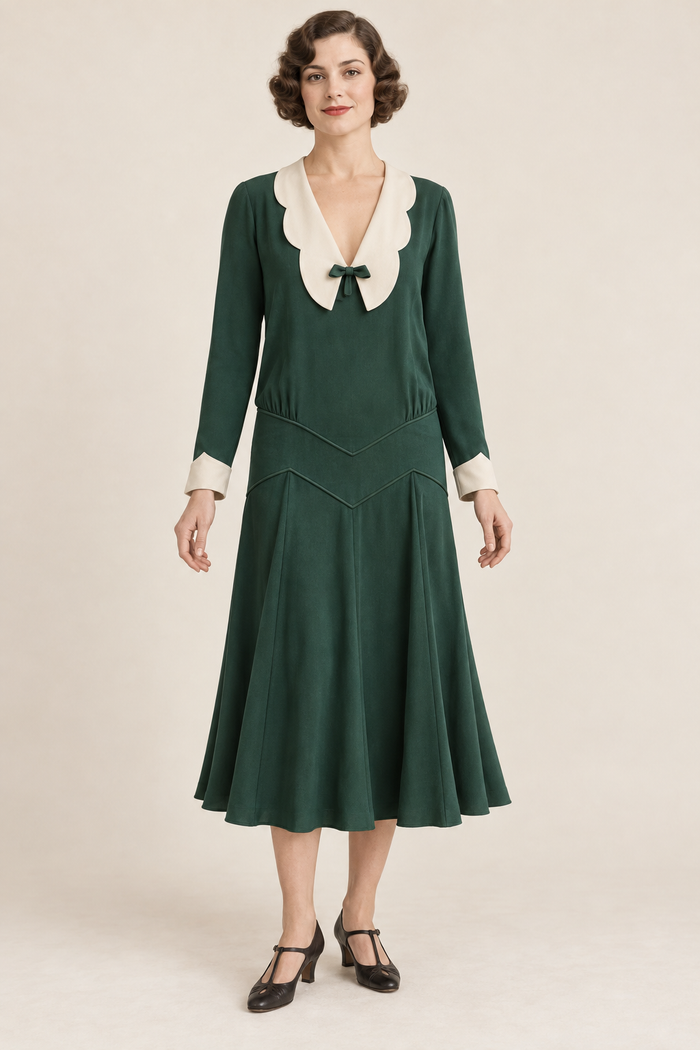 AI design concept: emerald 1920s chevron-yoke dress with ivory scalloped collar and long sleeves, front.