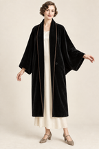 AI design illustration of the same cocoon coat in black velvet with copper edging, worn open with stole-like fronts