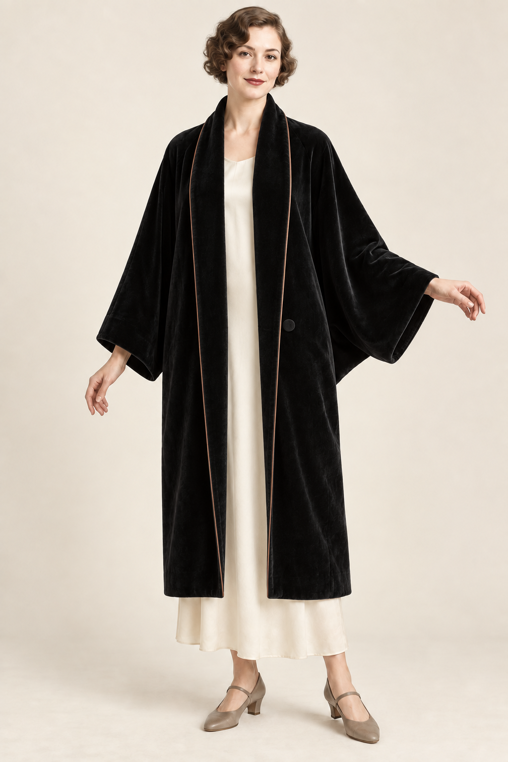AI design illustration of the same cocoon coat in black velvet with copper edging, worn open with stole-like fronts
