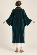 AI design illustration of the teal cocoon coat from the back, showing deep integral sleeves and a low back-panel seam