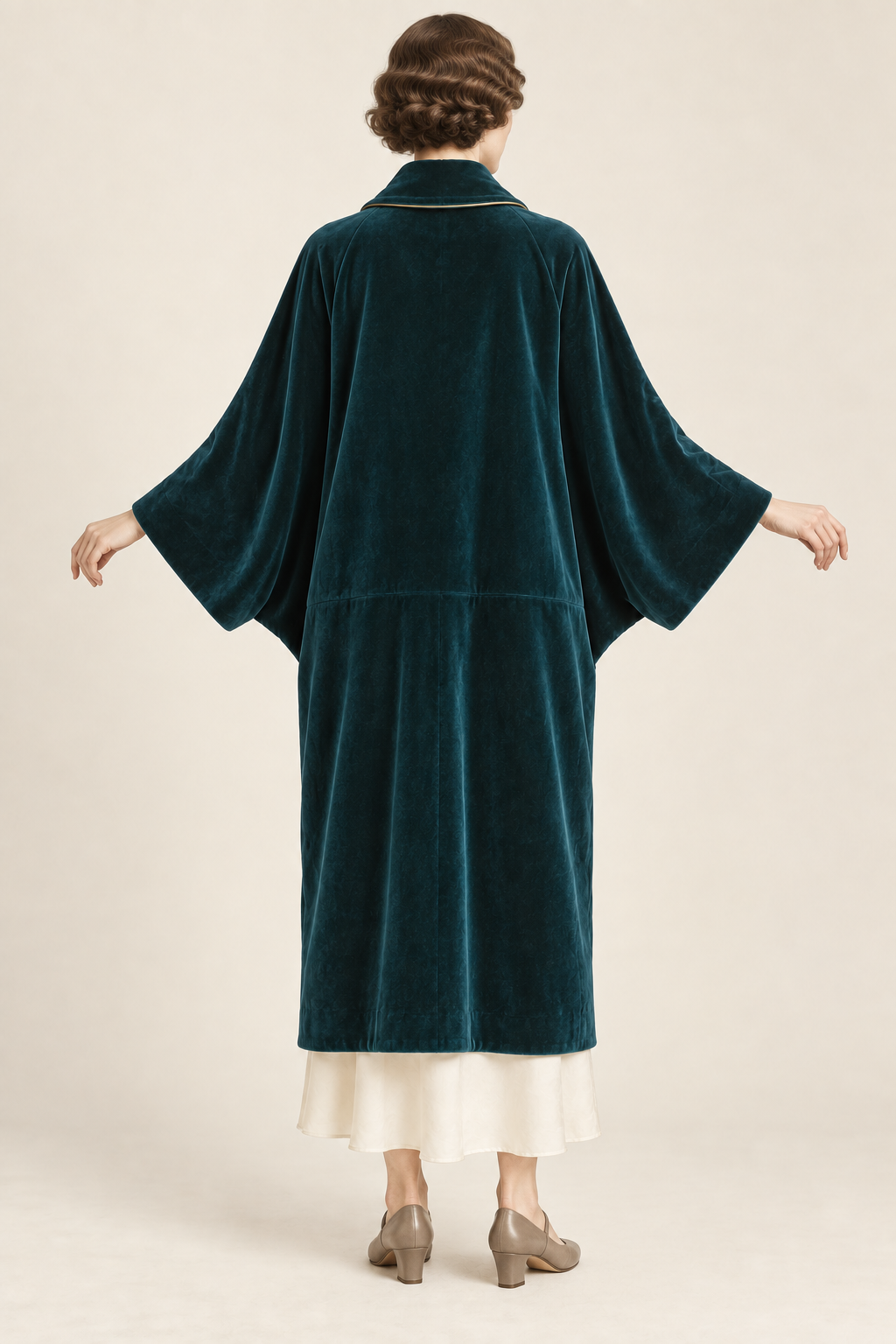 AI design illustration of the teal cocoon coat from the back, showing deep integral sleeves and a low back-panel seam