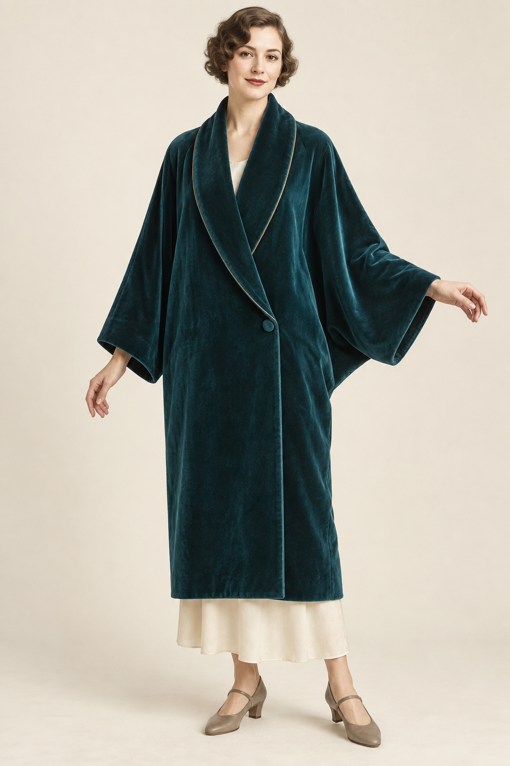 AI design illustration of a deep teal 1920s cocoon wrap coat with a shawl collar and one low side button, closed front view
