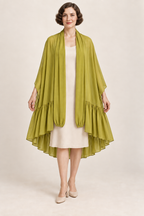 AI design illustration of the same gathered-tier evening cape in antique chartreuse with an attached scarf collar, front view