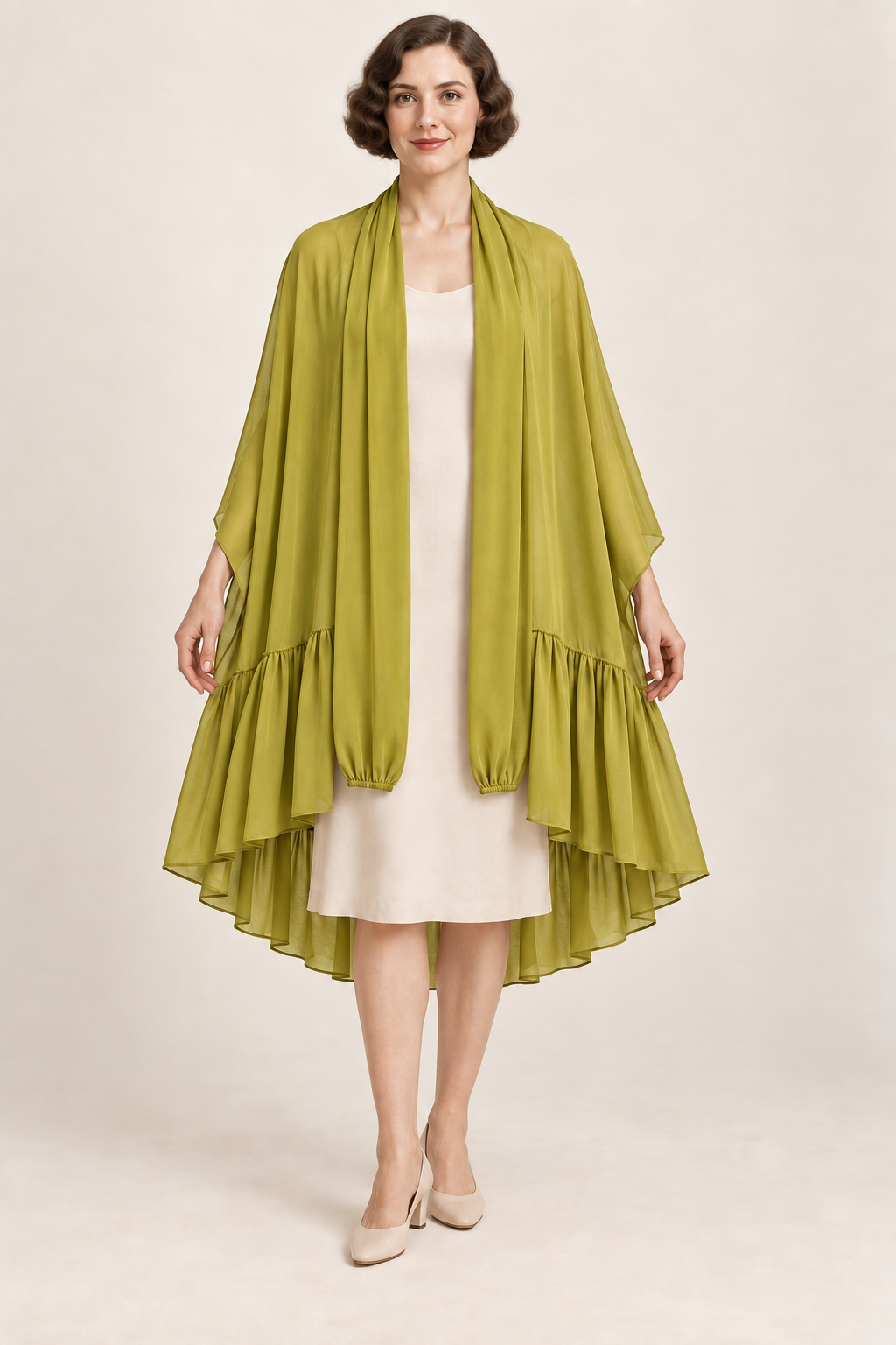 AI design illustration of the same gathered-tier evening cape in antique chartreuse with an attached scarf collar, front view