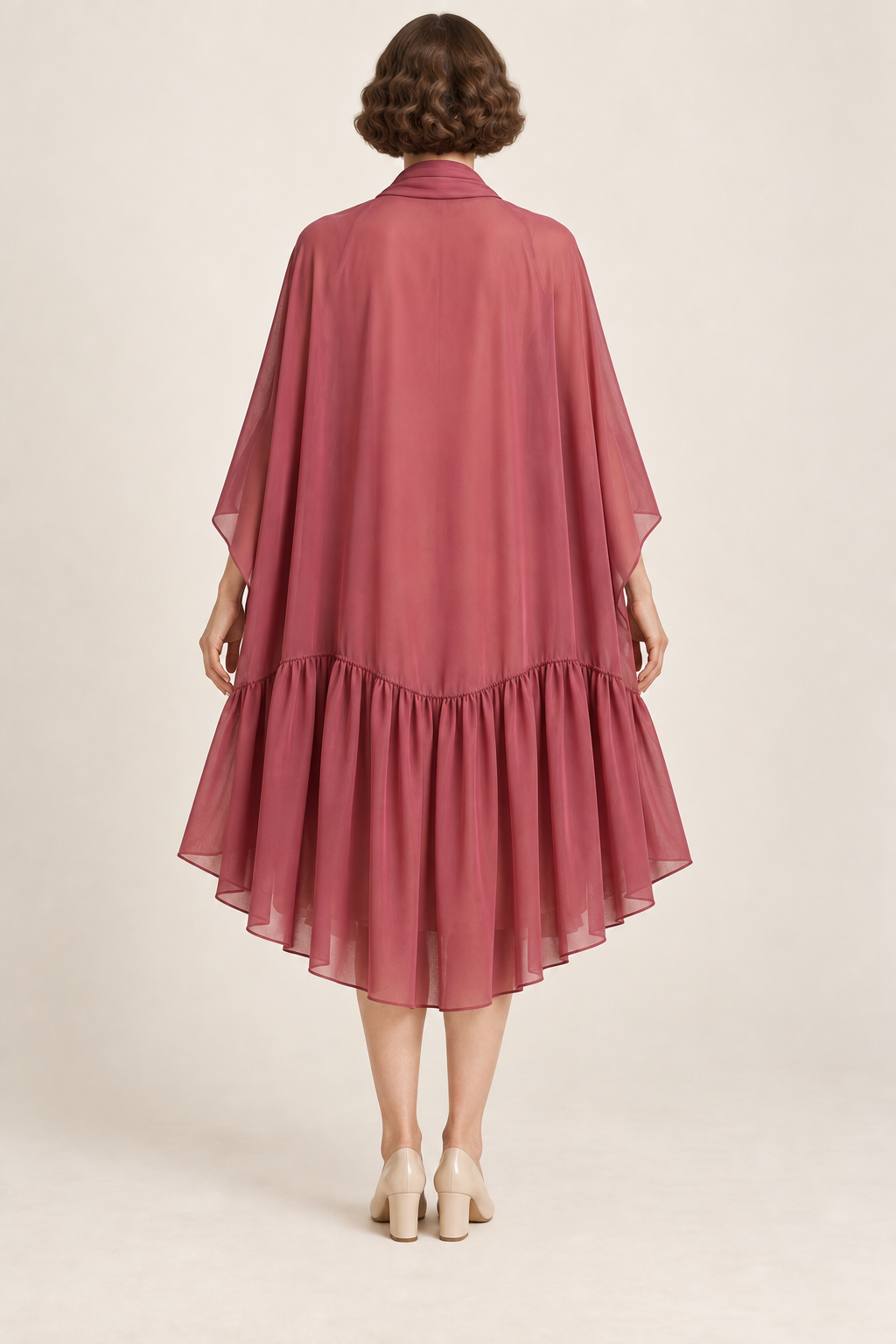 AI design illustration of the deep rose evening cape from behind, showing its low gathered tier and longer rounded back hem