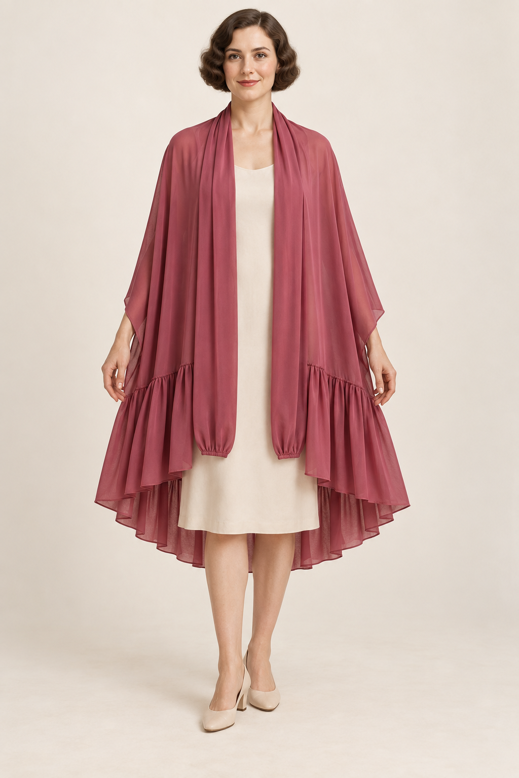 AI design illustration of a deep rose 1920s evening cape with a low gathered tier and long scarf collar over a cream dress, front view