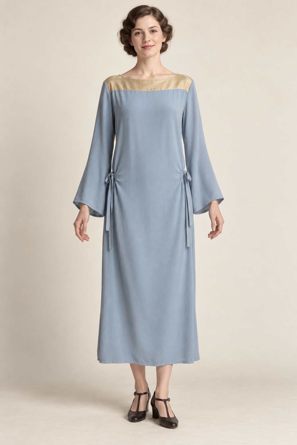 AI design concept: powder-blue 1920s hip-tie dress with antique-gold yoke and long sleeves, front.