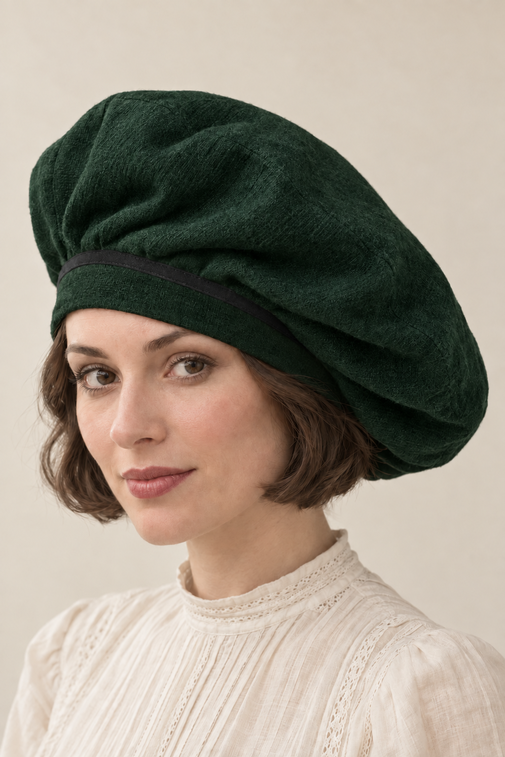 AI design illustration of the same soft tam in forest green with black ribbon, front view