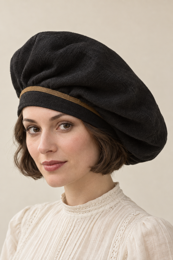 AI design illustration of a black soft tam hat with ochre band trim and a full side-draped crown, front view