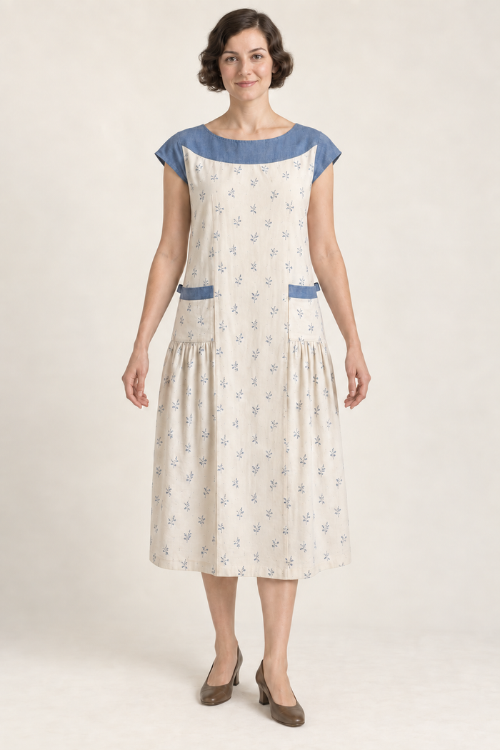 AI design illustration of a 1920s ivory yoke apron dress with blue sprigs, Delft-blue shoulder yoke and low side gathers, front view