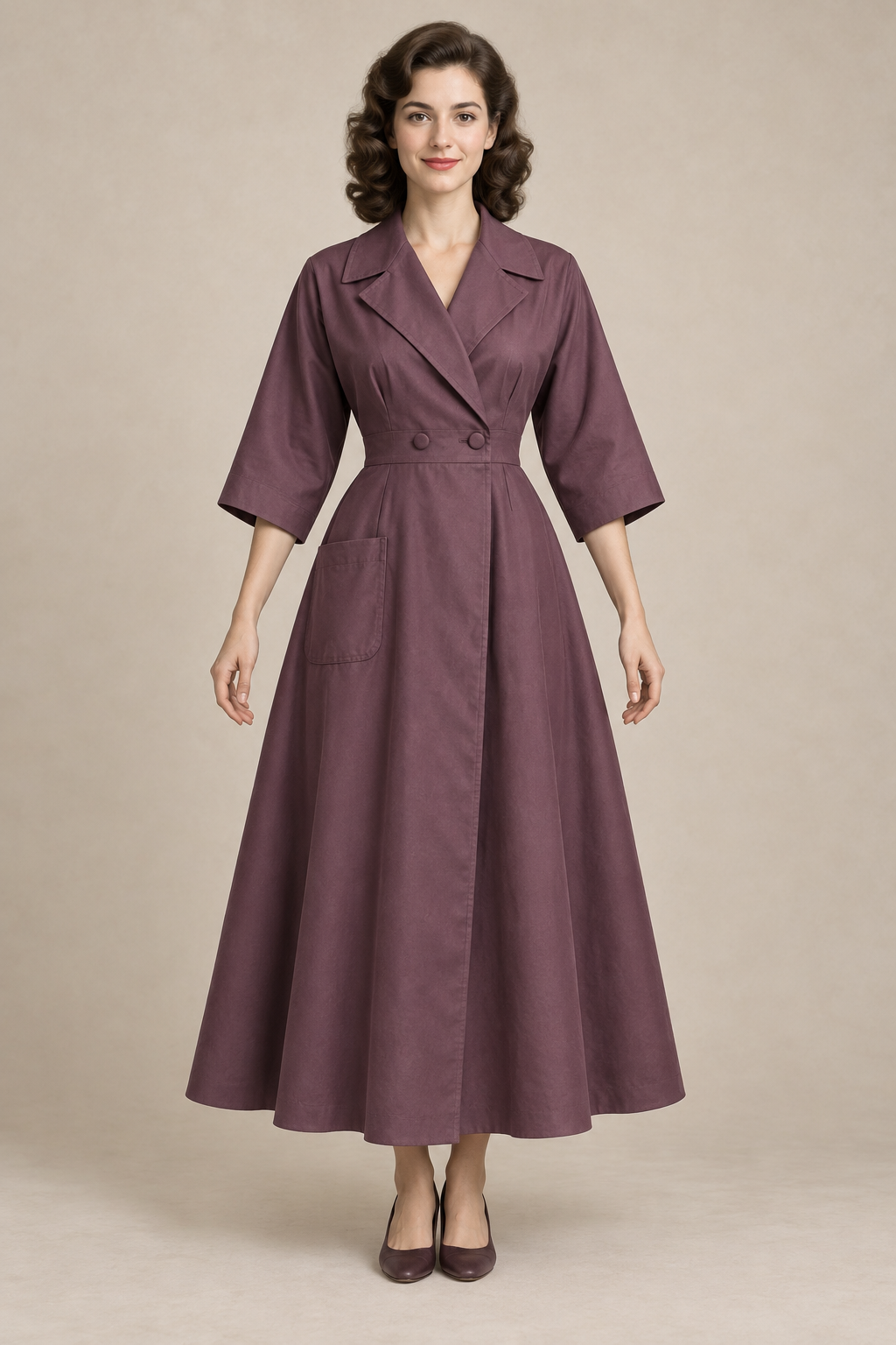 AI design preview: plum Coachman robe with pointed collar, two waist buttons, below-elbow sleeves and right patch pocket