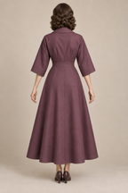 AI design preview: back of plum Coachman robe showing shaped bodice, fitted waistband and full ankle-length skirt
