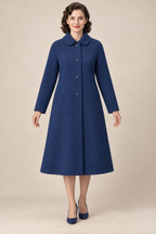 AI design preview: sapphire-blue raglan coat with rounded collar, four front buttons and slanted welt pockets
