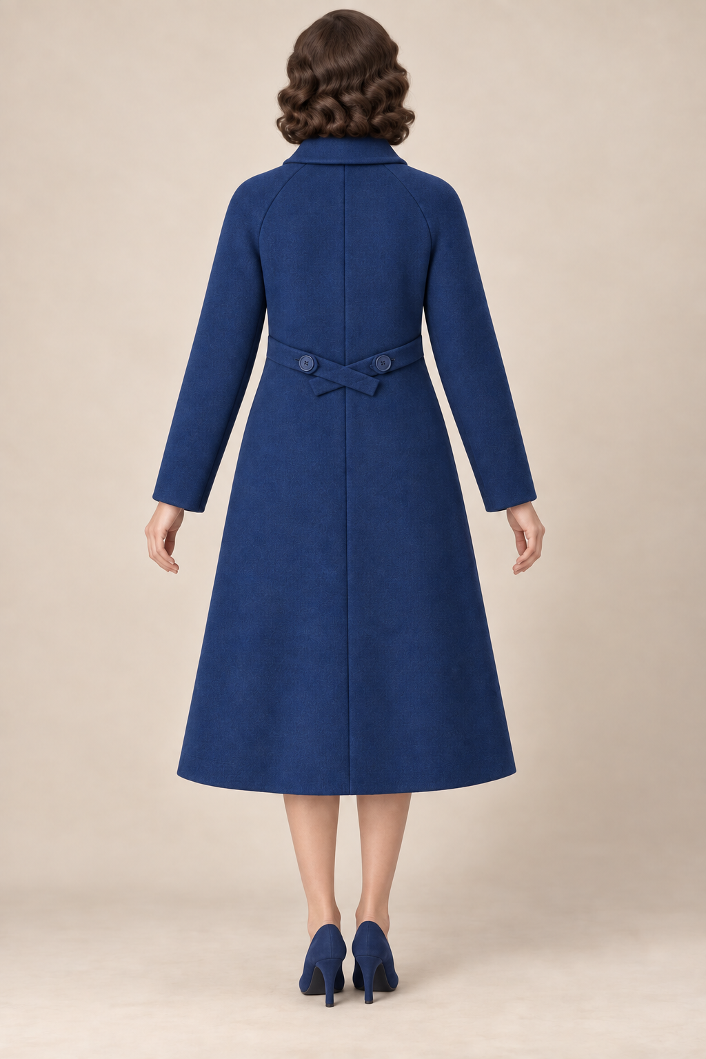 AI design preview: sapphire coat rear with diagonal raglan seams and crossed flat back-belt tabs