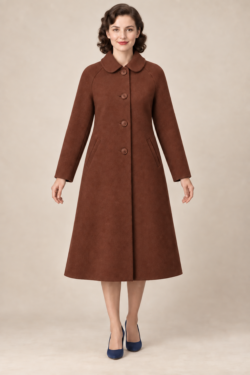 AI design preview: russet brown color of the same rounded-collar raglan back-belt coat
