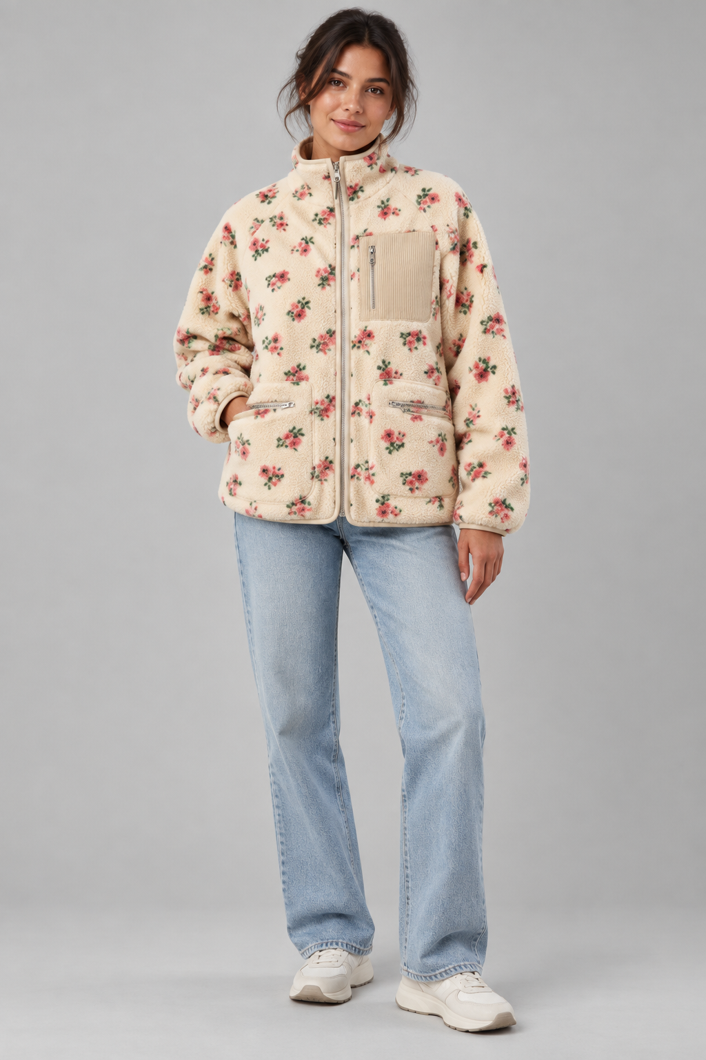 AI design concept: cream floral teddy jacket with stand collar, raglan sleeves and contrasting zipped pockets.
