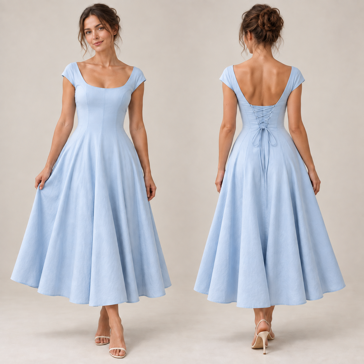 AI-generated concept of a blue panel midi dress with cap-like shoulders and a lace-up back, front and rear views.