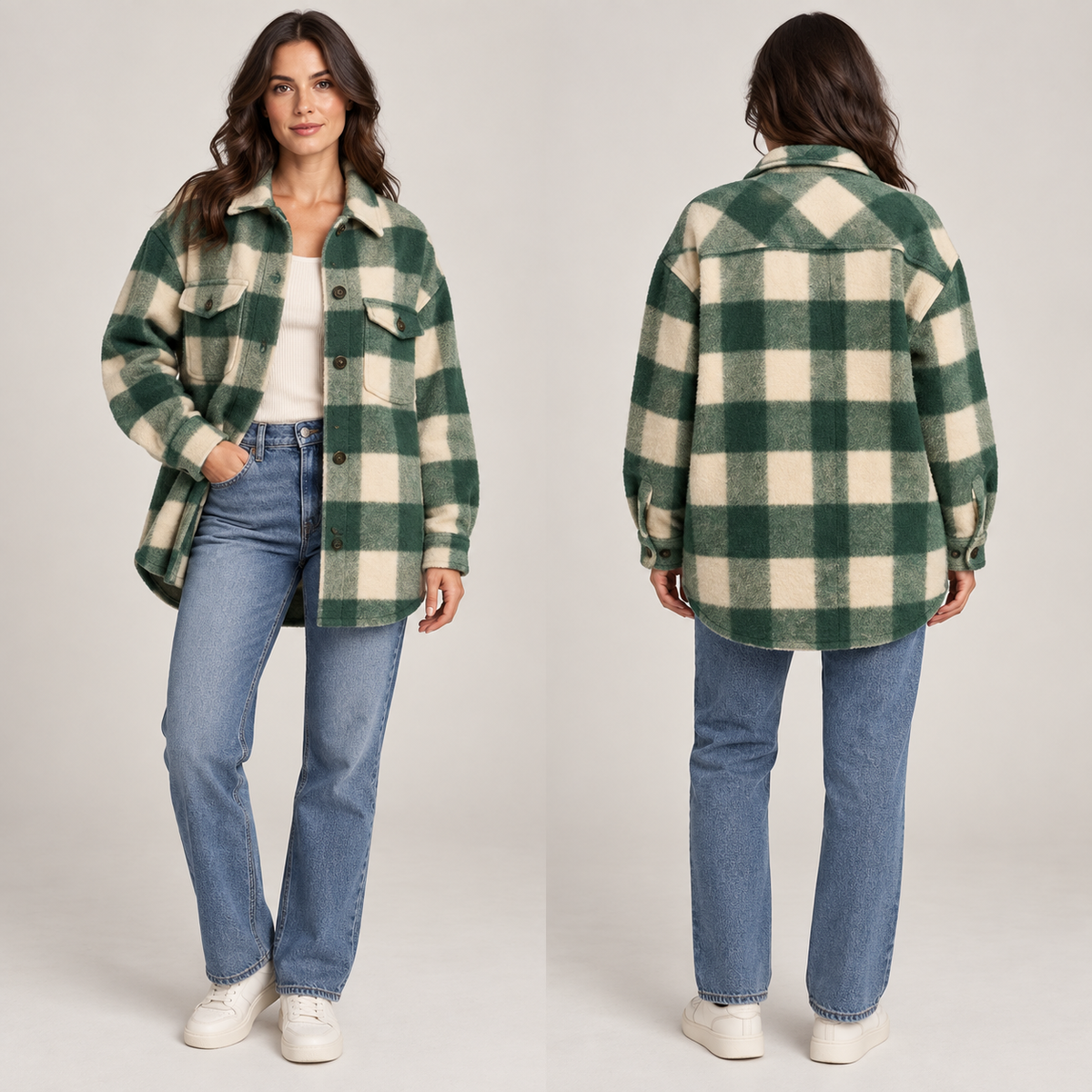 AI-generated concept of a green checked oversized shacket with a shirt collar, flap pockets and curved hem, front and rear views.