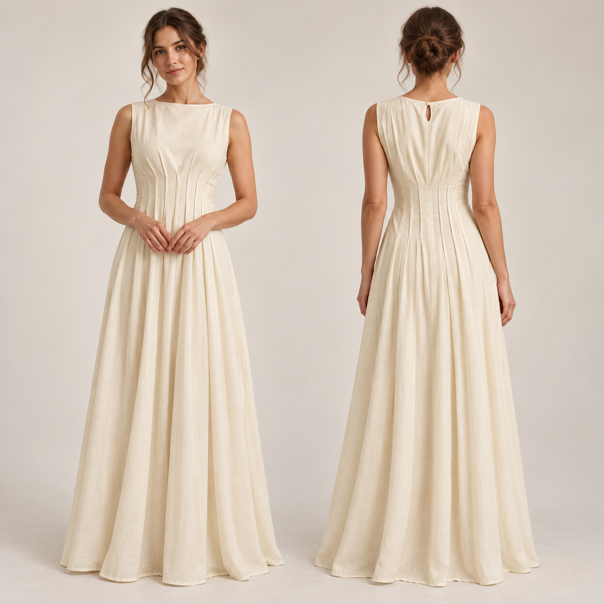 AI-generated concept of an ivory pintuck-bodice maxi dress with a small buttoned back keyhole, front and rear views.