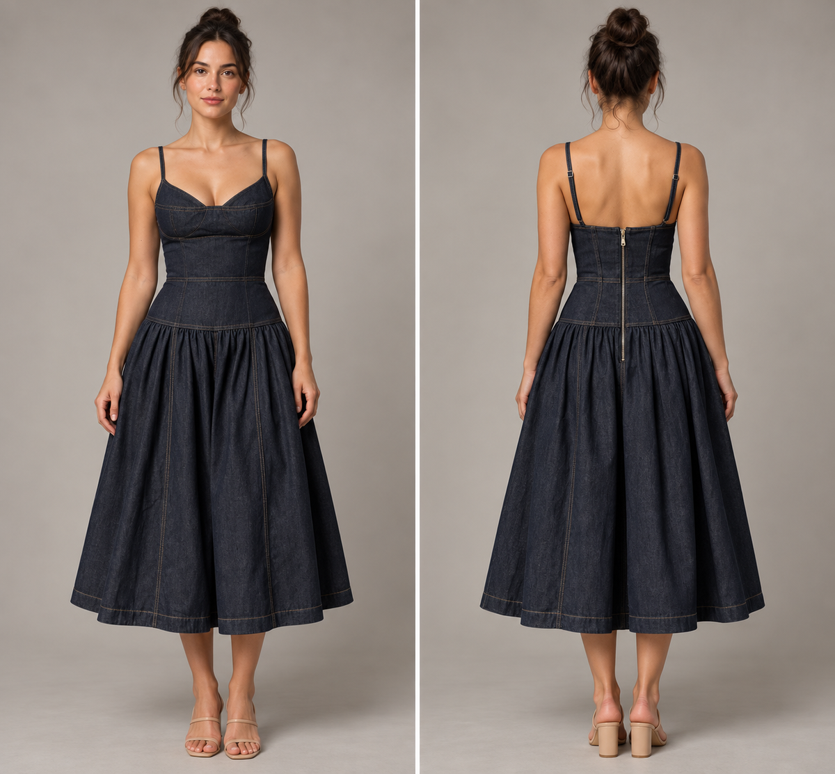Denim Corset Midi Dress garment concept illustration with front and back views