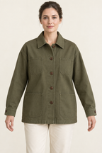 AI design preview: olive women's action-back barn jacket front with five buttons, four patch pockets and buttoned cuffs