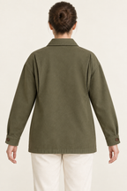 AI design preview: olive barn jacket rear with paired expansion folds beside the armholes and a broad smooth back
