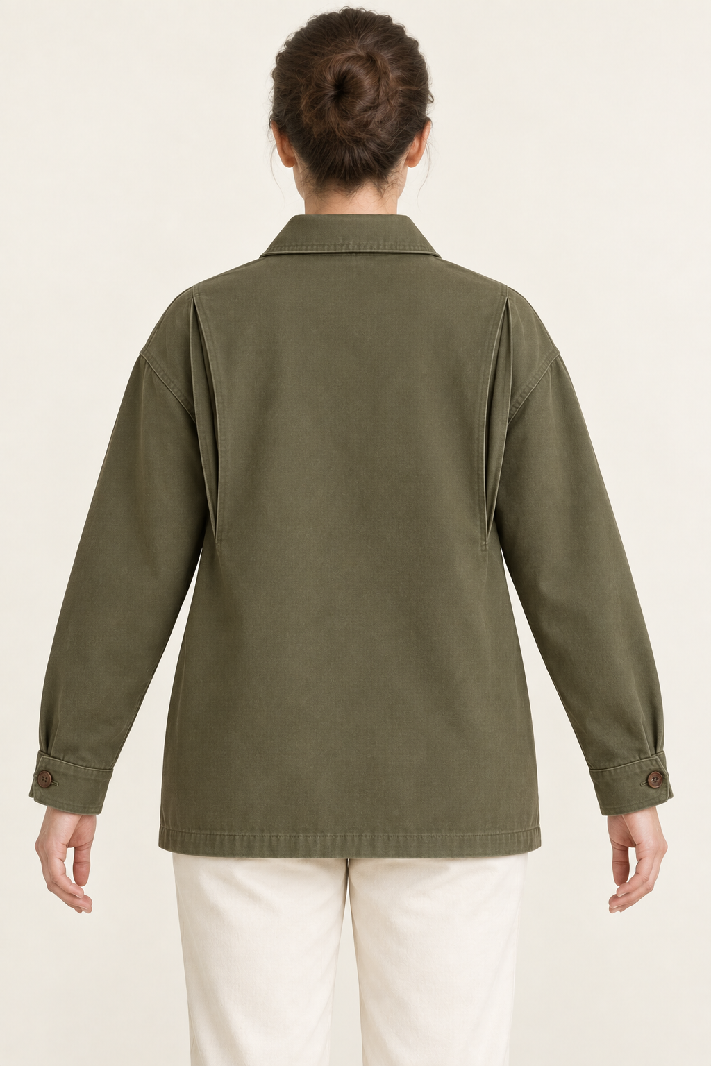 AI design preview: olive barn jacket rear with paired expansion folds beside the armholes and a broad smooth back