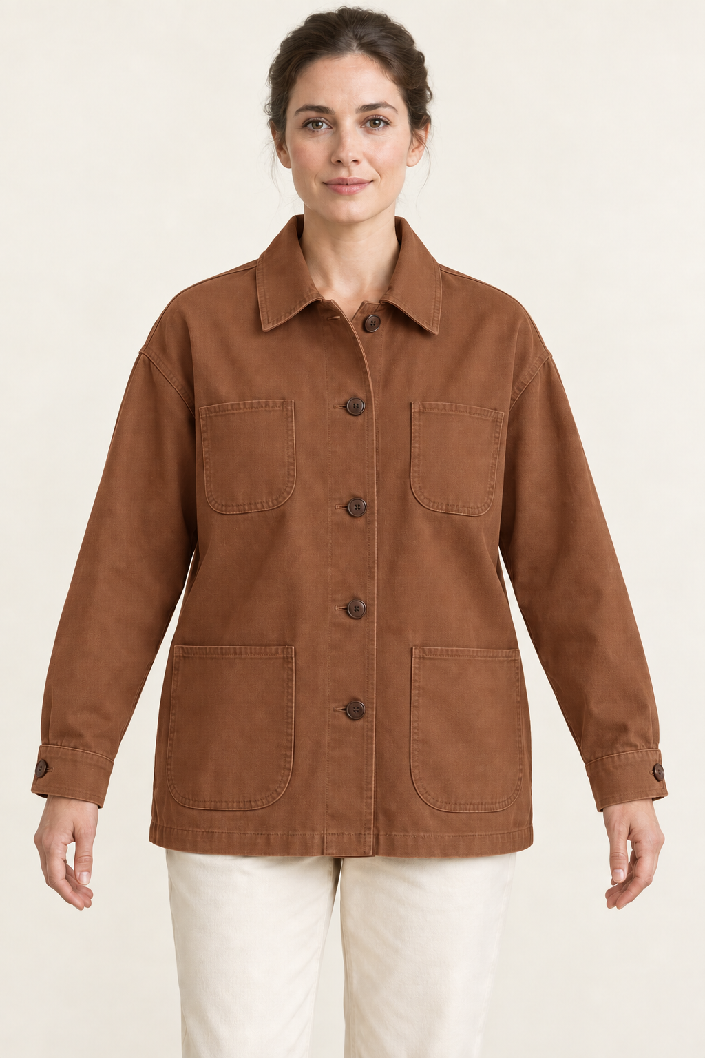 AI design preview: copper-brown barn jacket showing the same five-button front, four pockets and plain cuffs