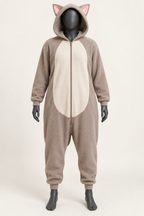AI design preview: warm taupe adult cat kigurumi with triangular hood ears, cream oval belly, front zipper and cuffed sleeves and legs
