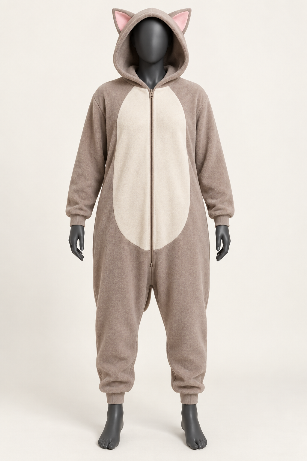 AI design preview: warm taupe adult cat kigurumi with triangular hood ears, cream oval belly, front zipper and cuffed sleeves and legs