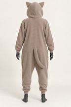 AI design preview: rear of taupe adult cat kigurumi with plain closed back, curved fabric tail, ear hood and rib cuffs