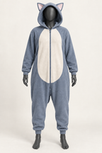 AI design preview: slate blue-grey color of the same adult cat kigurumi with cream belly, blush inner ears and front zipper