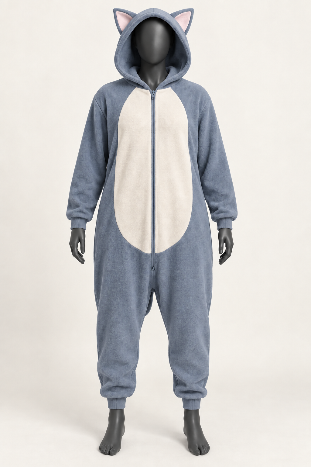 AI design preview: slate blue-grey color of the same adult cat kigurumi with cream belly, blush inner ears and front zipper