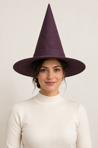 AI design preview: adult woman wearing an aubergine witch hat with tall upright cone, broad circular brim and tonal base band, front view